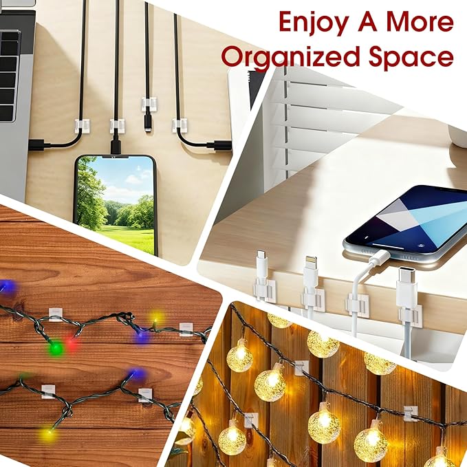 60PCS Adhesive Cable Clips, Heavy-Duty Cord Clips for Cable Management, Outdoor Christmas Light Clips Hooks, Traceless Clear Wire Holders Cord Organizer for Wall, Desk, LED, Car(Small)