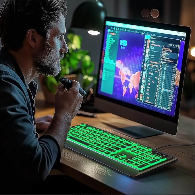 Large Print Keyboard - 7 Interchangeable Backlight Colors, Light Up USB Wired Computer Keyboards, USB Plug-and-Play, Foldable Stands, Corded Full Size Keyboard for Windows, PC, Laptop