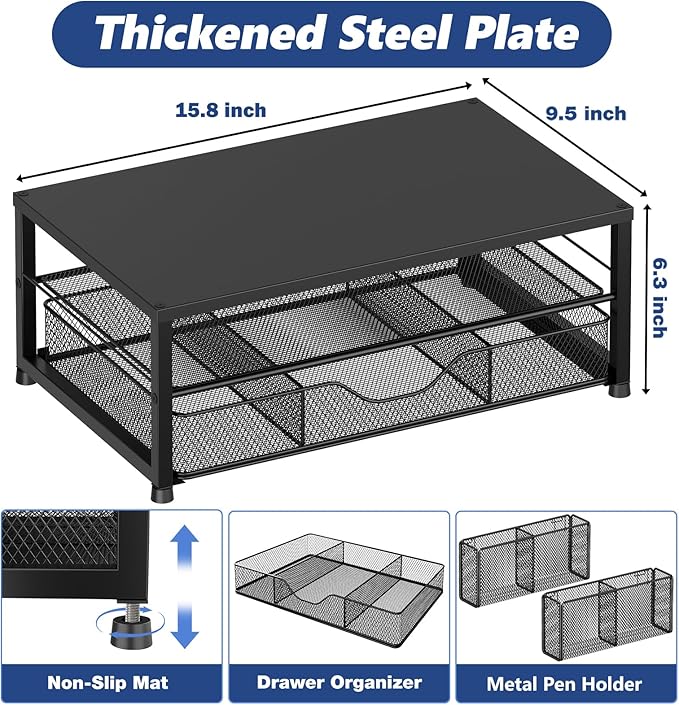 OPNICE Desk Organizer and Accessories, 2-Tier Computer Monitor Stand Riser with Drawer and 2 Pen Holders, Laptop Stand, Office Desk Accessories for Office Supplies, Black 2-Pack