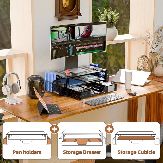 Simple Trending 2 Tier Metal Monitor Stand Monitor riser and Computer Desk Organizer with Drawer and Pen Holder for Laptop, Computer, iMac, Black