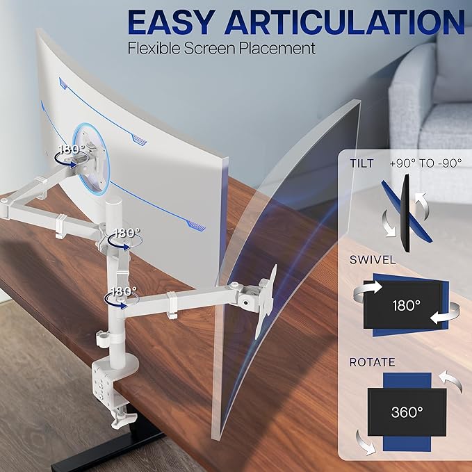 VIVO Dual Ultrawide Monitor Desk Mount, Heavy Duty Fully Adjustable Steel Stand, Holds 2 Computer Screens up to 38 inches and Max 22lbs Each, White, STAND-V038W
