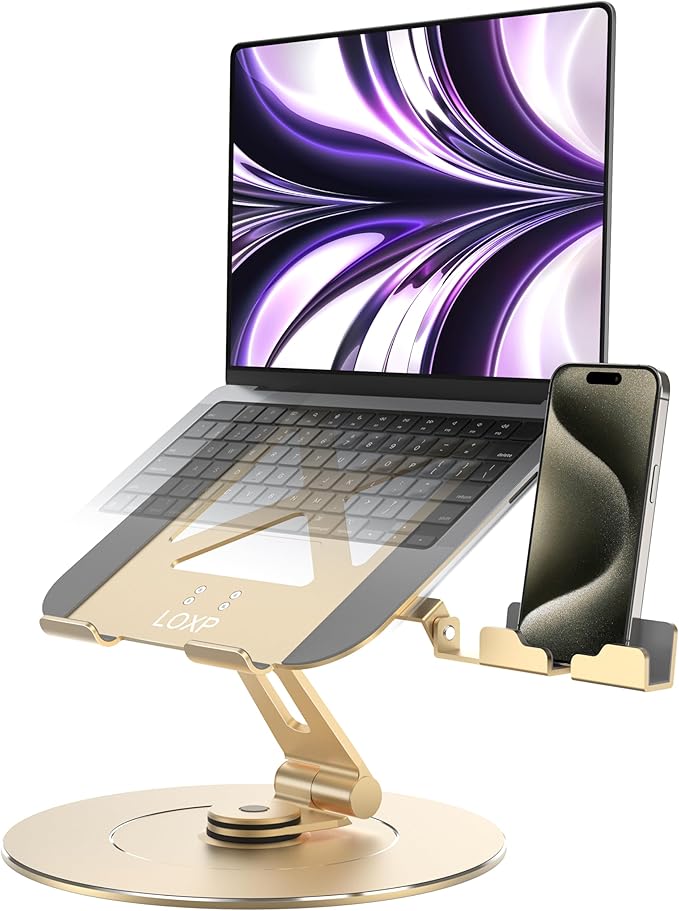 Ultra-Stable Aluminumy Laptop Stand for Desk with Foldable Phone Holder, 300% Large Base Stability, Anti-Loosening,Suitable for 10"-17.3" Laptops, Champagne Golden