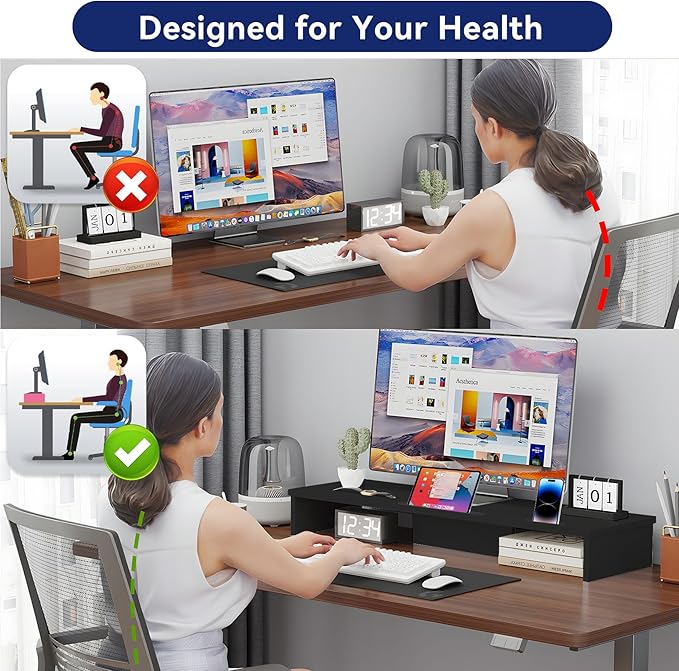 Dual Monitor Stand Riser with LED Lights and Phone Tablet Holder, 35.8in Large Monitor Stand for Desk, Computer Monitor Stand for 2 Monitors, Desktop Shelf Organizer for Laptop, Printer, TV