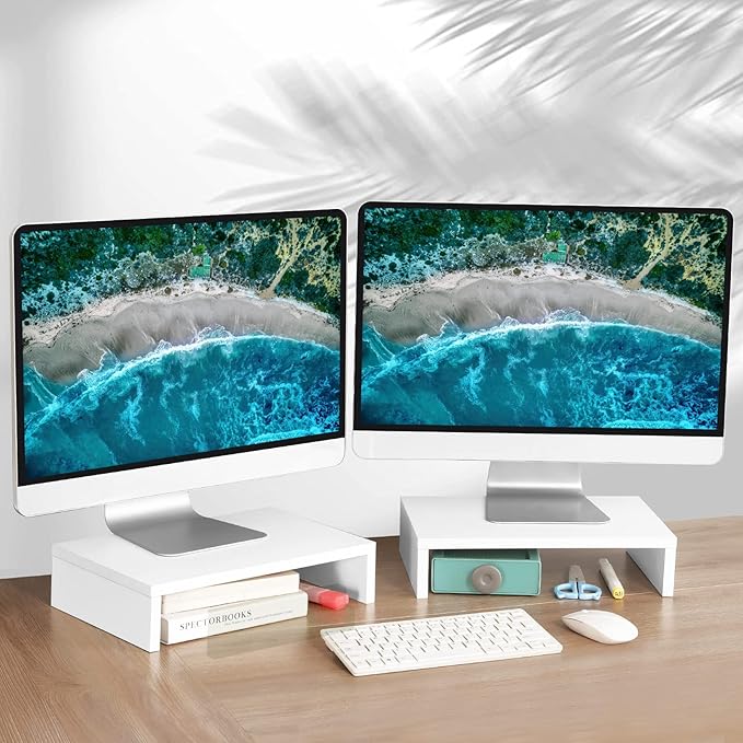 TEAMIX White Monitor Stand Riser - 2 Pack, Wood 2 Tier Adjustable Dual Monitor Riser for Laptop/PC Computer Stand for Desk