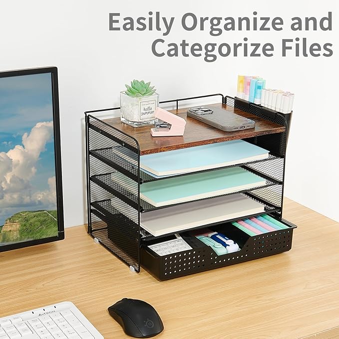 Wood Desk Organizer and Accessories, 5-Tier Paper Letter Tray Organizer with Drawer & 2 Pen Holders for Desktop File Organization, Office Desk Accessories for Supplies Storage (Wood)