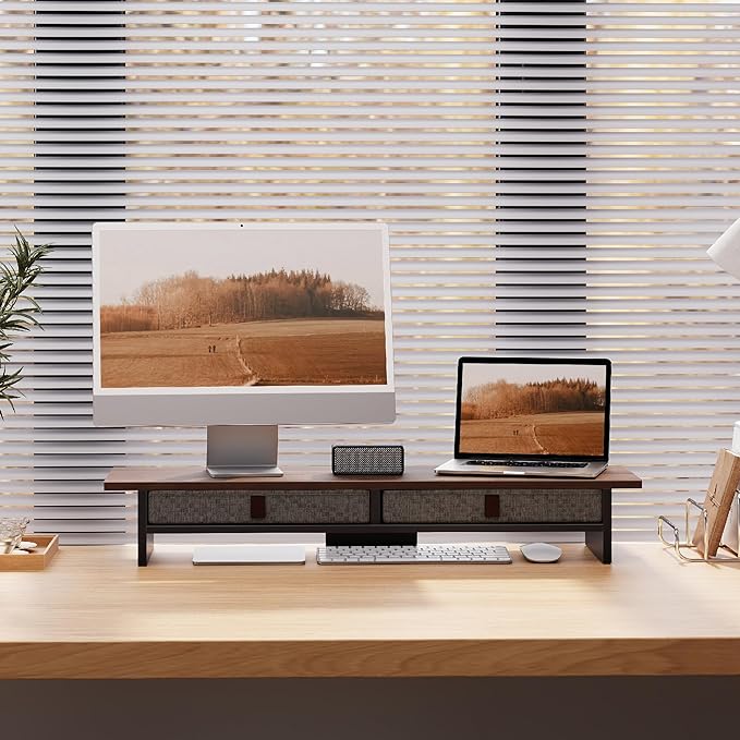 Fenge Monitor Stand with Drawer, 2 Tiers Dual Monitor Riser for Desk, 35 Inch Computer Stand for 2 Monitors, Desk Shelf for Home, Office, Laptop, PC, TV, Printer