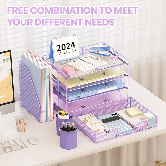 OPNICE Desk Organizer, 4-Tier Desktop File Organizer with Drawer and 2 Pen Holders, Office Desk Accessories, File Sorters, Workspace Organizers for Office Supplies(Purple)