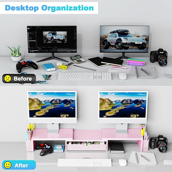 Spacrea Metal Desk Organizers and Accessories, Dual Monitor Stand Riser with Drawer and 2 Pen Holders, Desk Accessories & Workspace Desktop Organizers for Office Supplies (Pink)