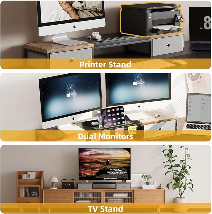 Mexin Dual Monitor Stand Riser with 2 Drawers - 39Inch Large Storage Computer Monitor Stands for 2 Monitors, Wooden Desktop Organizer Perfect for Home Office Desk, Computer, Laptop, TV