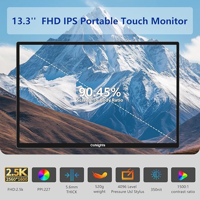 Portable Monitor Touchscreen for Mac 13.3" 2.5K Touch Screen Monitor with Protective Sleeve, USB-C Plug & Play 1500:1 0.22" Ultra-Thin Laptop Screen Extender for Mac Laptop PC Switch