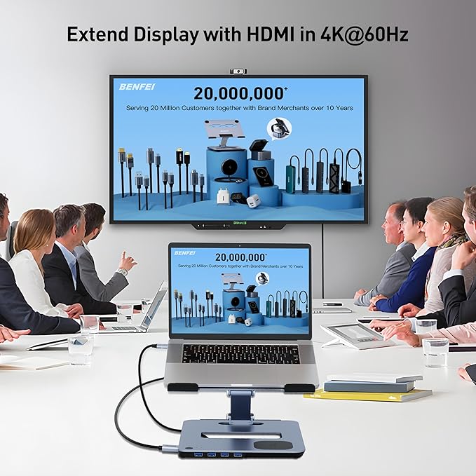 BENFEI Laptop Stand with USB C 6in1 Docking Station, 15W Magnetic Wireless Charger, USB 3.0 KVM Switch, HDMI 4K@60Hz, 4*USB3.0, 100 PD Compatible with MacBook Pro/Air, iPad Pro, XPS, Thinkpad