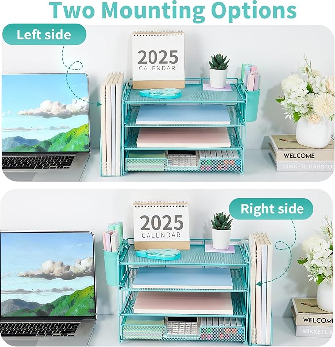 OPNICE Desk Organizer, 4-Tier Desktop File Organizer with Drawer and 2 Pen Holders, Office Desk Accessories, File Sorters, Workspace Organizers for Office Supplies(Teal Blue)