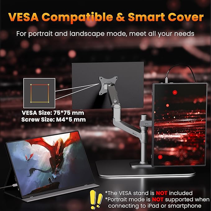 Portable Monitor 16" 2K QHD 2560X1600 450 Nits 106% sRGB 120Hz IPS HDR HDMI USB-C Travel Monitor for Laptop Mac PC Surface PS5 Xbox, External Display with Cover & Speakers, VESA Compatible