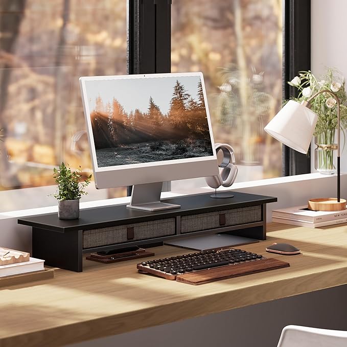 Fenge Monitor Stand with Drawer, 2 Tiers Dual Monitor Riser for Desk, 35 Inch Computer Stand for 2 Monitors, Desk Shelf for Home, Office, Laptop, PC, TV, Printer