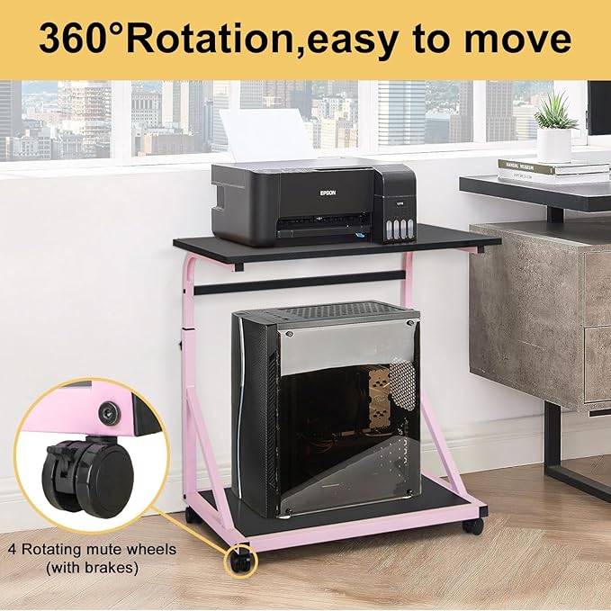 Computer Tower Stand, 2-Tier CPU Holder with Lockable Wheels, Adjustable Height PC Stand for Floor, Mobile PC Laptop Standing Table for Home Office (Black and Pink)