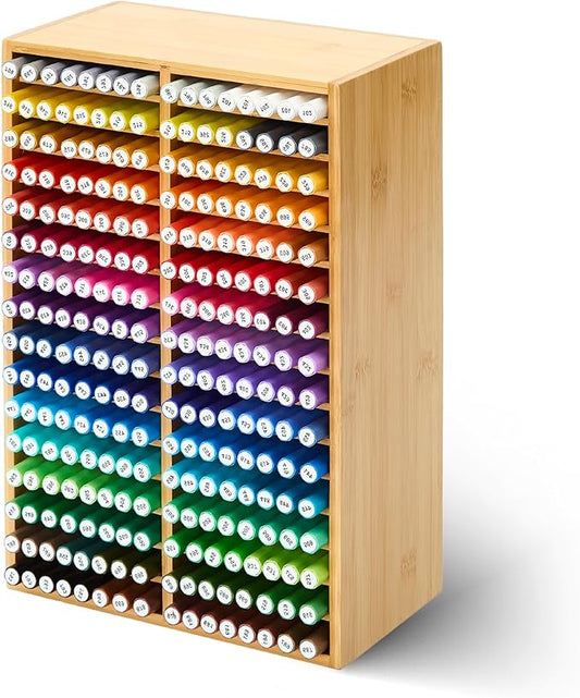 MEEDEN Bamboo Marker Organizer for Desk: Holds 224 Pens with 32 Compartments- Art Supply Storage & Holder for Alcohol Markers，Pens，Pencils