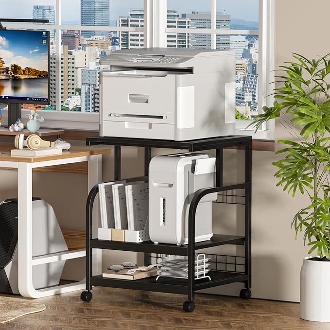 Lerliuo Large Printer Stand with Storage, 23.6"W x 18.9"D x 30.2"H, 5-Adjustable Shelf Heights Mobile 3 Tier Table with Lockable Wheels, Industrial Rolling Printer Cart, Black Stands for Home Office