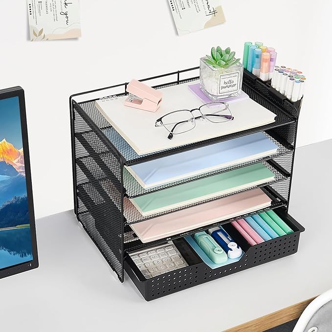 Desk Organizer and Accessories, 5-Tier Paper Letter Tray Organizer with Drawer & 2 Pen Holders for Desktop File Organization, Office Desk Accessories for Supplies Storage (Black)