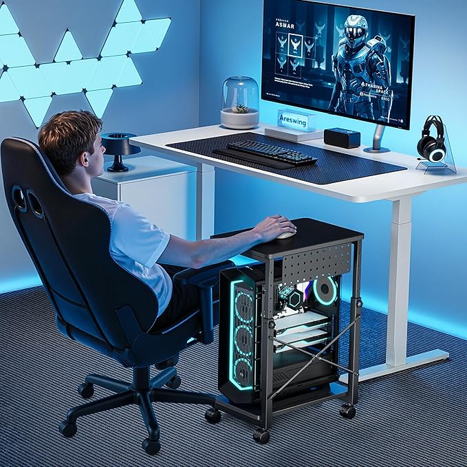 ARES WING Height Adjustable Computer Tower Stand, 2-Tier PC Tower Stand for Most PC, CPU Holder Cart with Locking Wheels for Gaming Home Office, 21.7"-33.5" Height