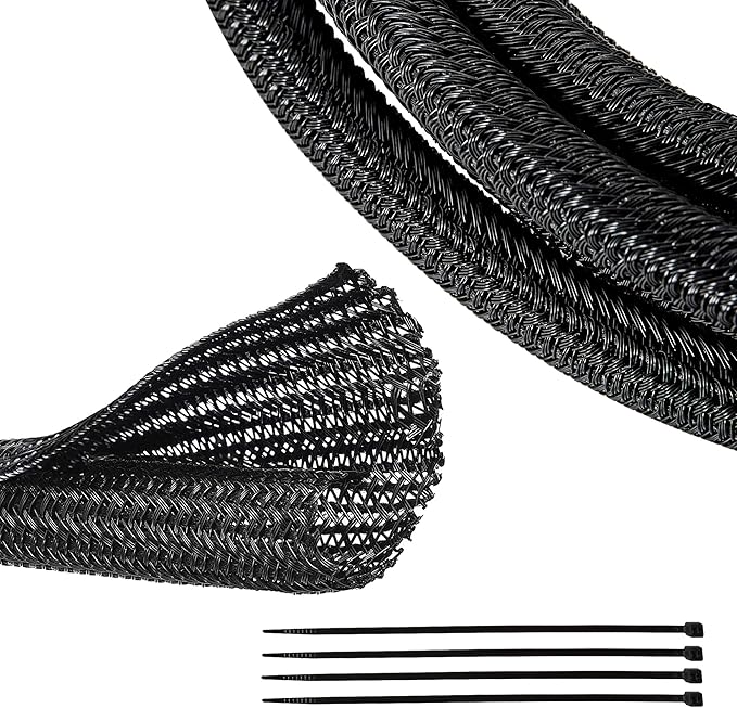 RED WOLF Braided Wire Cable Sleeve Split Wiring Sleeving 10 Feet - 1/2" Flexible Self-Wrap for Automotive Computer Cable Cord Management Cover Protector, Anti-Scratch High-Temperature Black