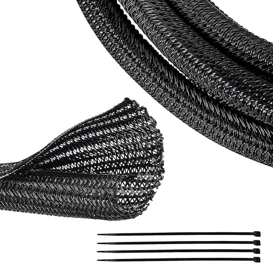 RED WOLF Braided Wire Cable Sleeve Split Wiring Sleeving 10 Feet - 1/2" Flexible Self-Wrap for Automotive Computer Cable Cord Management Cover Protector, Anti-Scratch High-Temperature Black