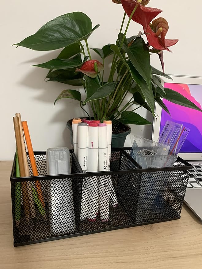 Pencil Holder, Metal Mesh Pen Holder Desk Organizer 3 Compartments for Office School Home Supplies or Accessories,Kitchen Utensil,Small 10.43 x 3.3 x3x4 inch, Black(2pc pack)