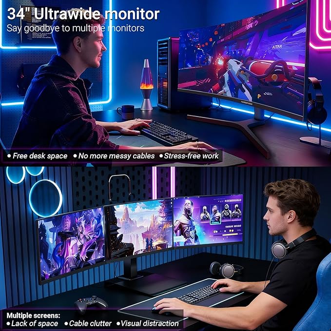 34 Inch Curved Monitor 180Hz, UWQHD 3440x1440p Ultrawide Gaming Monitor R1500 with Speaker, PIP/PBP, 4000:1 Contrast, sRGB126%, HDR, FreeSync & G-SYNC, 1ms(MPRT), HDMI/DP Port, Adjustable Stand, VESA