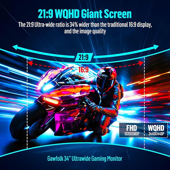 Gawfolk 34 Inch Ultrawide Curved Gaming Monitor, 1500R PC Screen 165hz UWQHD 4K, Curved Computer Screen with FreeSync, Support Wallmount 75x75mm-Black