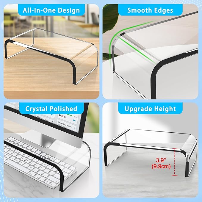 AboveTEK Acrylic Monitor Stand – Clear Monitor Riser & Computer Desk Stand, Premium Acrylic Laptop Stand for Home Office, PC TV Stand with Keyboard Storage Heavy Duty Desk Riser