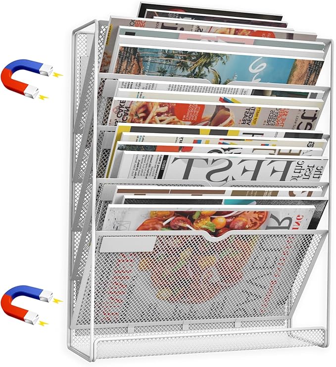 6 Tier Magnetic File Holder, No Drilling Installation File Cabinet Organizer,Black Magnetic File Holders, Magnetic Paper Holder for Refrigerator,File Cabinets, Whiteboard, White