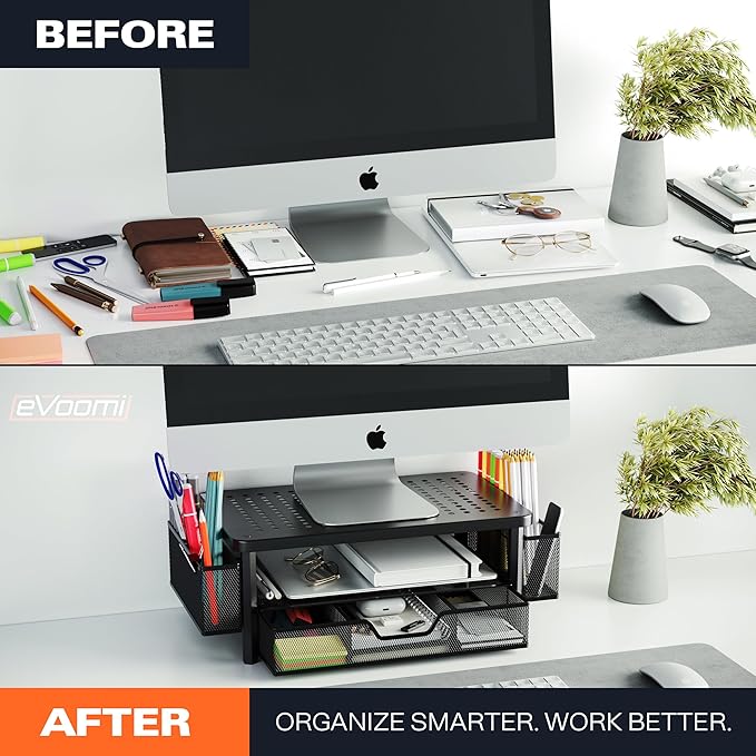 eVoomi FlowMax Ergonomic Desk organizer Computer Monitor Stand -Improved XL Desk Drawer, File Paper Pencil Holders - Pro Posture Eye-Level Tension Relief - Anti-Slip Home Office Supplies Storage Stand for Laptop Monitor or Printer