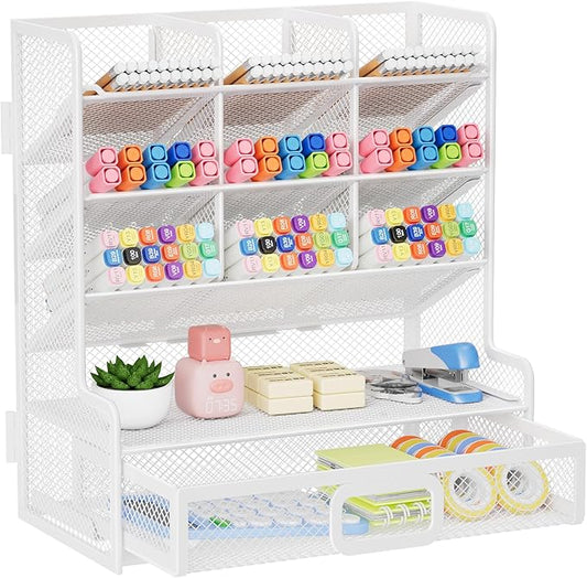 Marbrasse Larger Mesh Desk Organizer with Drawer, Multi-Functional Pen Pencil Holder, Easy Assembly, Desk Organizers and Accessories for Office Art Supplies (White)