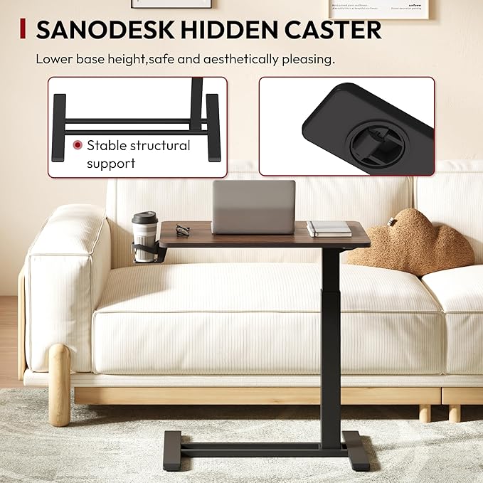 SANODESK Mobile Standing Desk with Hidden Wheels,Pneumatic Laptop Desk Rolling Computer Cart Movable Height Adjustable Small Sit Stand Desk for Home Office(27.6" W x 15.7" D, Maple)