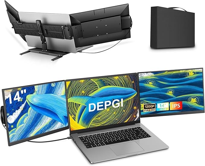 DEPGI 14" Laptop Screen Extender, 1200P FHD One Cable Connect Portable Triple Monitor, Dual Screen Monitor Fits 13"-17.3" Laptop with Stand for MacOS/Windows
