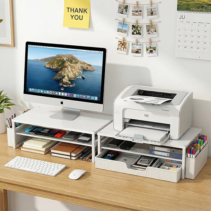 Desk Organizer and Accessories, 2-Tier Computer Monitor Stand Rise with Storage Drawer & 2 Pen Holders, Laptop & Printer Stand for Desktop, Workspace Organizers for Office Supplies (White)
