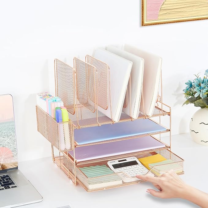 Desk Organizers and Accessories, 3-Tier Paper Organizer with 5 Vertical File Holders, File Organizer for Desk (Rose Gold With Drawer, 3T With Drawer)