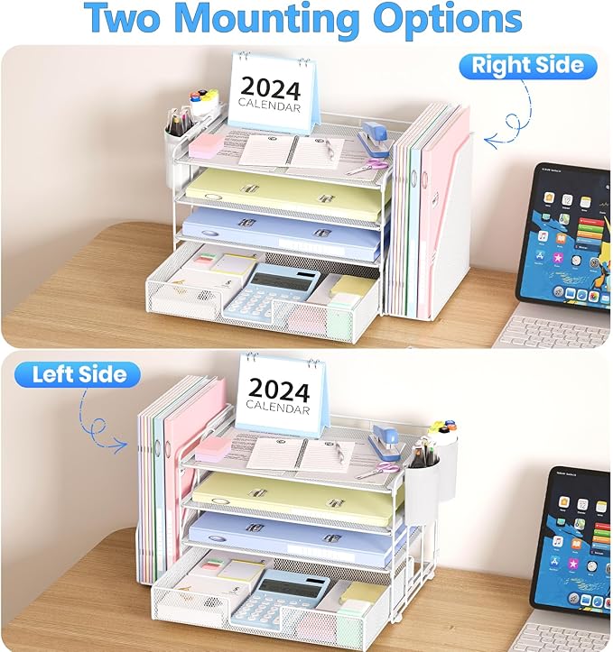 OPNICE Desk Organizer, 4-Tier Desktop File Organizer with Drawer and 2 Pen Holders, Office Desk Accessories, File Sorters, Workspace Organizers for Office Supplies(White)