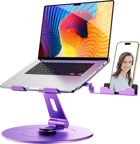 Laptop Stand with Phone Holder, Adjustable Laptop Stand with Base, Aluminum Computer Mount Holder, Ergonomics Laptop Riser for Desk, Fits MacBook, up to 17.3" All Notebooks Purple