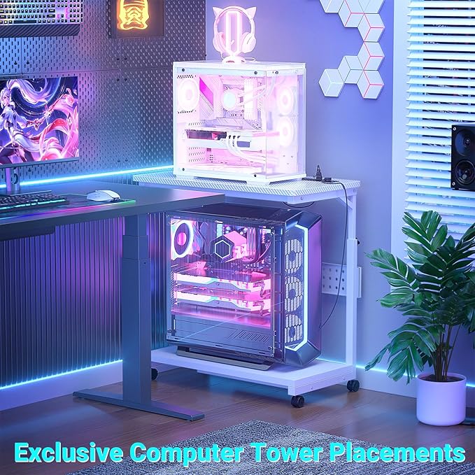 32" Large Computer Tower Stand with Power Strips, 4 Levels Manual Height Adjustable PC Tower Stand for Under Desk, Mobile Rolling CPU Holder Computer Cart with Wheels, Carbon Fiber White