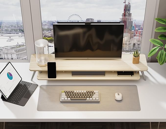 Fenge Dual Monitor Stand, Monitor Stands Riser for 2 monitors, 42.5 Inch Wood Desk Shelf with Storage Organizer and Cable Management for Office Desk Accessories