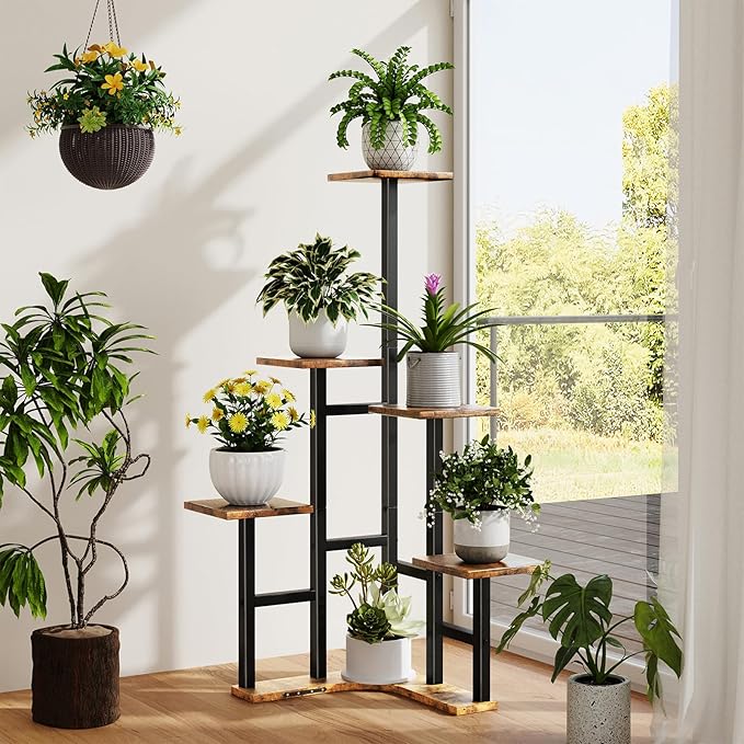 Corner Plant Stand Indoor, 6 Tiered Corner Plant Shelf Flower Stand for Multiple Plants, Plant Shelves Organizer Rack for Living Room, Balcony, Patio, Garden, Square Rustic Brown