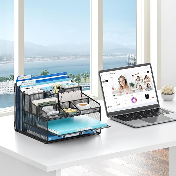 Lavatino Desk Organizer - Metal Mesh with 2 Paper Letter Trays, 7 Flexible Dividers, 2 Vertical File Holders for Office/Home/Classroom Supplies, Desk Organizers and Accessories, Black