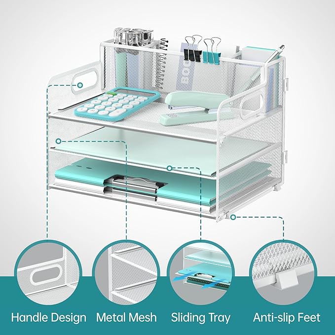 SUPEASY 3 Tier Desk Organizer with Handle & 3 Pen Holders, Mesh Paper/File Organizer for Desk, Paper Letter Tray Organizer for Office Supplies (White), 1 Pack, 3CST-3PH