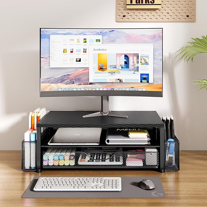 OPNICE Desk Organizer and Accessories, 2-Tier Computer Monitor Stand with Drawer and 2 Pen Holders, Laptop Stand, Office Desk Accessories for Office Supplies, Carbon Fiber