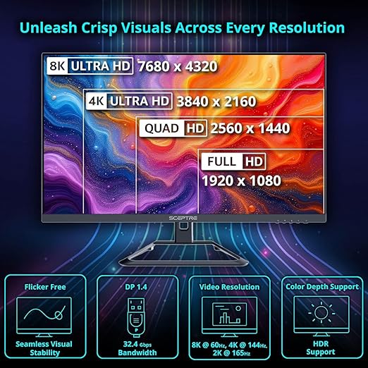 Kado DisplayPort Cable 5ft, High Speed 8K 60Hz, 4K 144Hz, 2K 240Hz 165Hz 144Hz DP 1.4 FreeSync HDR HDCP, DP Male to DP Male, 1.5m Length Genuine Parts Made for Sceptre Monitor, TV, PC Gaming, Laptop