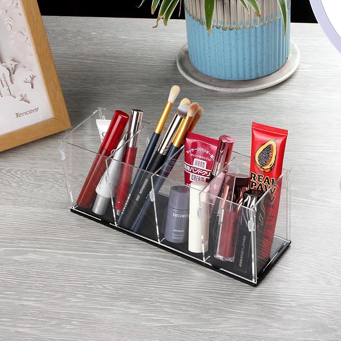 Acrylic Clear Pencil Holder Pen Holder 4 Compartments,Brush Holder Countertop Desk Organizers and Storage for Pen,Pencil,Desk Accessories,Makeup Brush,Stationary and Art Supplies(Assembly Required)