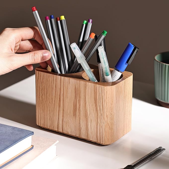 Oak Solid Wood Pen &Pencil Holder for Desk, Office Stationery Organizer, Table Pencil Cup Stand,Desk Accessories Holder, Two Cups Practical Design. (Nature Oak)