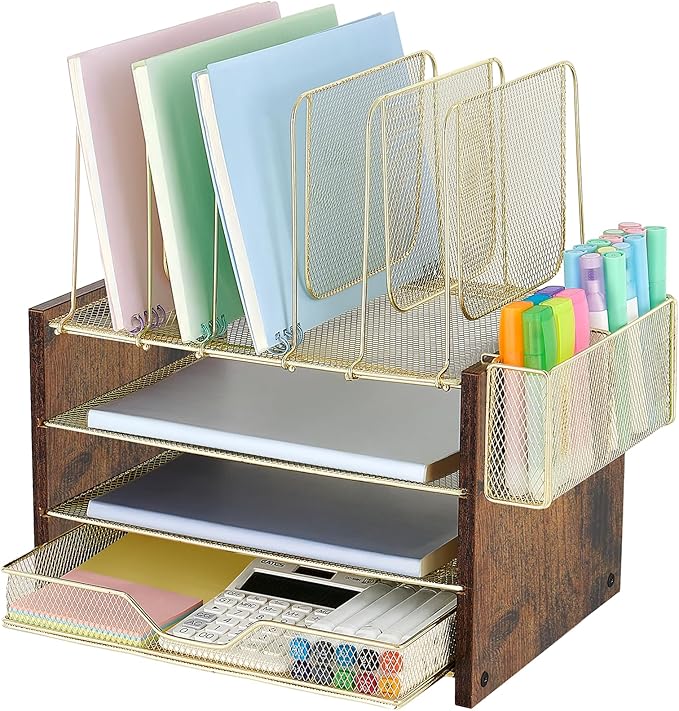 OPNICE Gold Desk Organizers and Accessories,4-Tier Desktop File Organizer with Drawer, Wood Paper Organizer with 5 Vertical File Holders and Pen Holder for Office Supplies