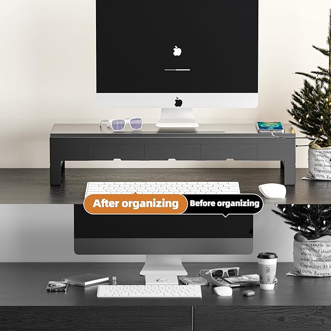 Computer monitor stand with three drawer ，22W charging , 2 USB 3.0 , and 1 USB 2.0 ，Laptop Desk Shelf & Monitor Riser 27.55 inches long desk riser Monitors/PC/Laptop/Computer Space Saver Organizer ，Heavy Duty Gift Gaming Studio Office(USB Hub Fast Char...