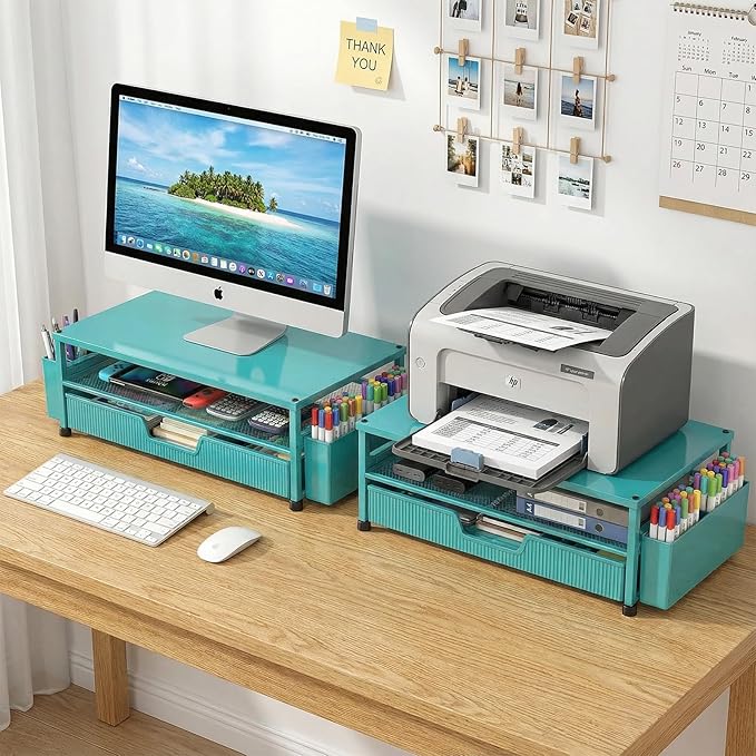 Desk Organizer and Accessories, 2-Tier Computer Monitor Stand Rise with Storage Drawer & 2 Pen Holders, Laptop & Printer Stand for Desktop, Workspace Organizers for Office Supplies (Blue)